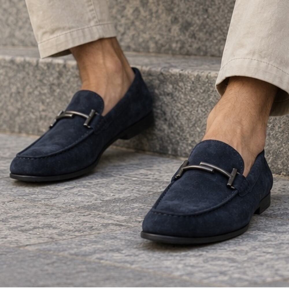 Tod’s Double T Loafers Men’s 7.5 Navy Blue Suede Shoes Made Italy Luxury EUC